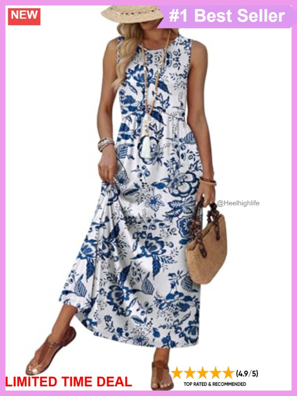 Womens Babydoll Maxi Dress Empire Waist Sleeveless Sundress with Pockets